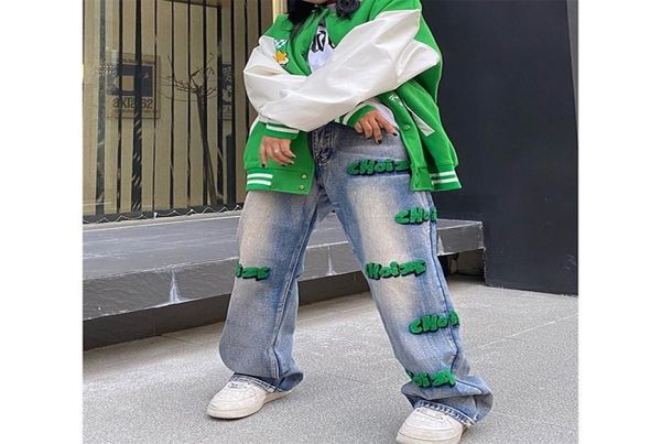 

embroidery high street style hiphop flocking jeans autumn wideleg pants for men and women waist fashion clothes 2202269076634, Blue