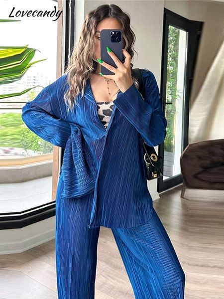 

womens two piece pants fashion pleated long sleeved shirt split wide leg outfit solid casual 2piece set elegant holiday office streetwear 23, White