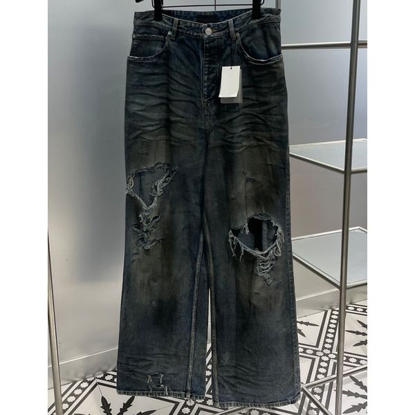 

8.11 fashion vintage washed distressed hole ripped frayed wide leg jeans women, Blue