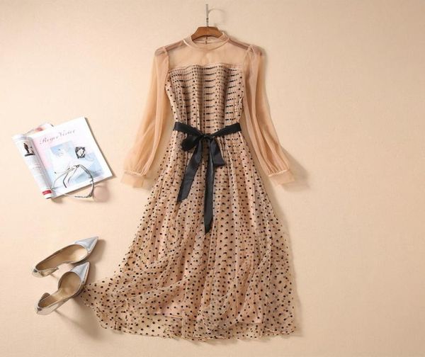 

designer 2020 khaki mesh polka dot embroidery crew neck women039s dress milan runway long sleeve print dress holiday long dress1368424, Black