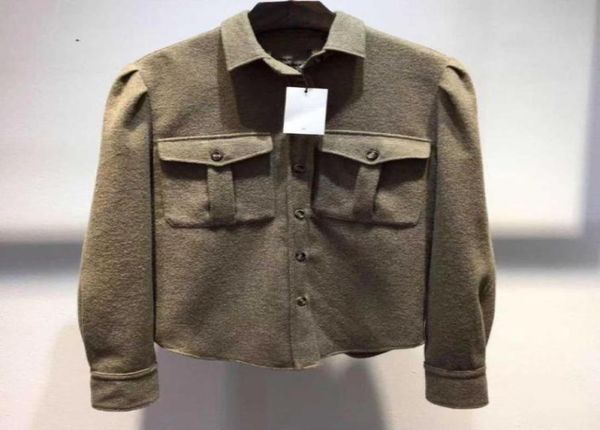 

florrie wool blend overshirt turn down collar long sleeves with puff shoulder chest pockets fashion shirts 9760234, White