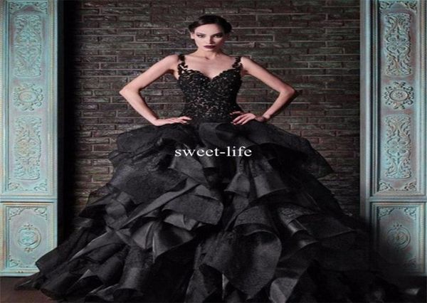 

rami kadi black 2019 ball gown wedding dresses spaghetti straps vintage lace ruffles satin puffy gothic bridal formal dress weddin9899424, White