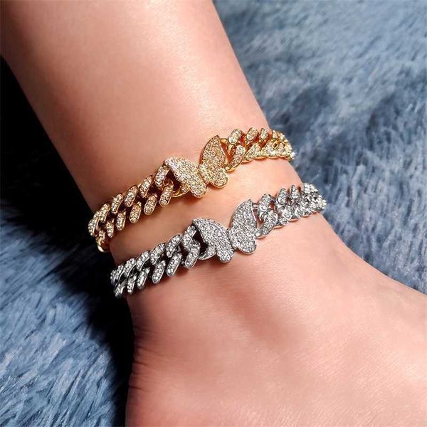 

punk bling butterfly rhinestone cuban link chain anklet for women 13mm iced out hop anklets bracelet barefoot jewelry 230719, Red;blue