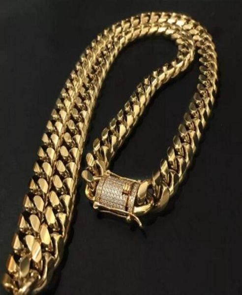 

14mm mens cuban miami link necklace stainless steel rhinestone clasp iced out 18k gold fillhip hop chain necklace 30quot3026602, Silver