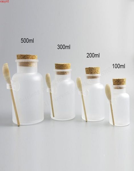 

100 x empty 100g 200g 300g 500g abs plastic bath salt bottle 200ml powder plastic bottle with cork jar wood spoongood product6975858