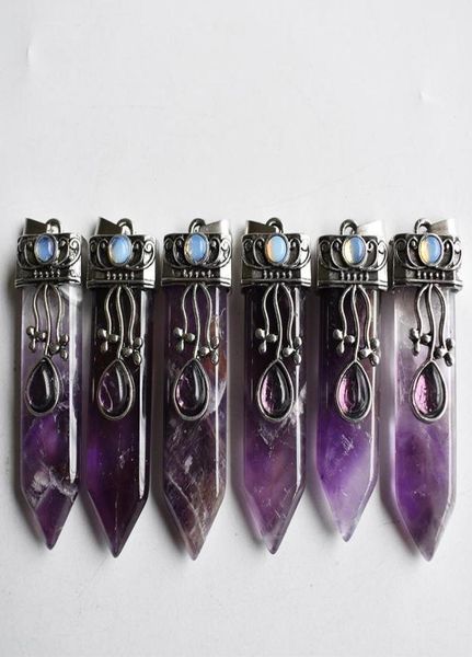 

good quality natural pendants stone amethysts point pendulum healing chakra pendant for jewelry making 6pcs lot whole6454400, Silver