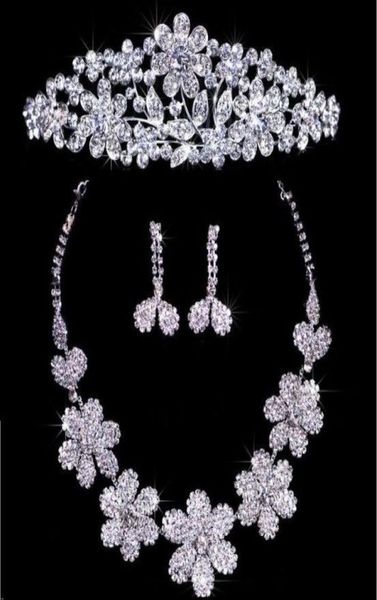 

twinkling floral crystal necklace earrings set bridal crown tiaras 2105673, Silver