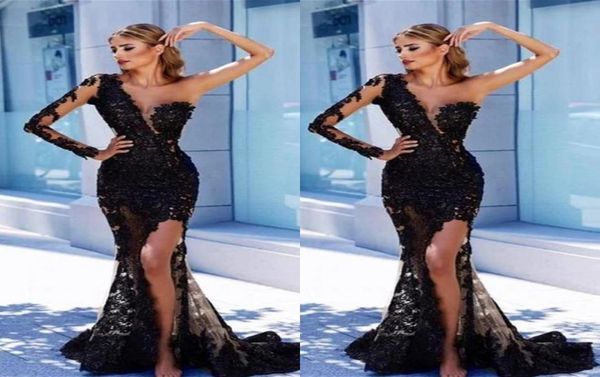 

2022 modern black lace oneshoulder front split prom dresses see through evening gowns c04178791506