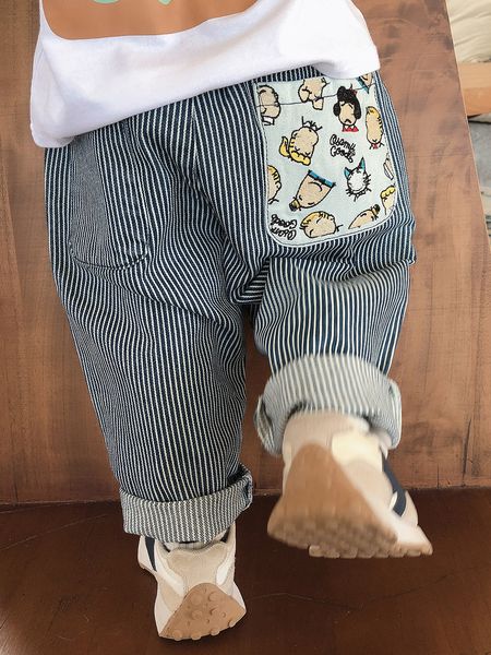 

fashion kids vertical stripe trousers boys cartoon pattern pocket casual pants 2023 autumn children loose trousers z3480v, Blue