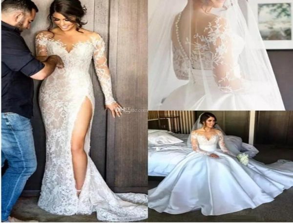 

2019 new split lace mermaid wedding dresses with detachable skirt sheer neck long sleeves high split overskirts bridal gown no vei8724653, White