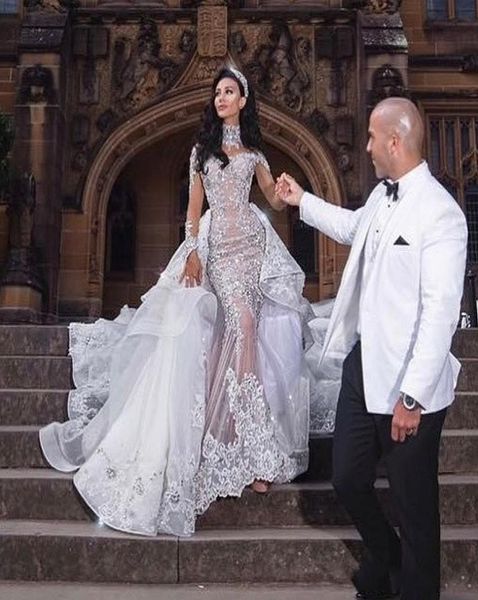 

2020 luxurious rhinestone crystal wedding dresses high neck beads applique long sleeves mermaid bridal dress dubai wedding gown ov9763774, White