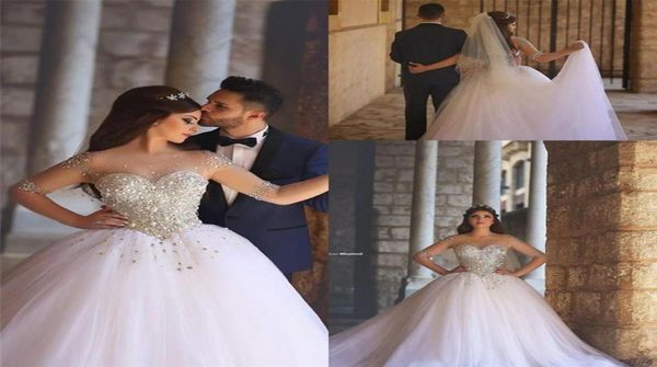 

sheer crew neck illusion long sleeves bling bling crystals ball gown chapel train bridal gown new luxury hand beading wedding dres7595821, White