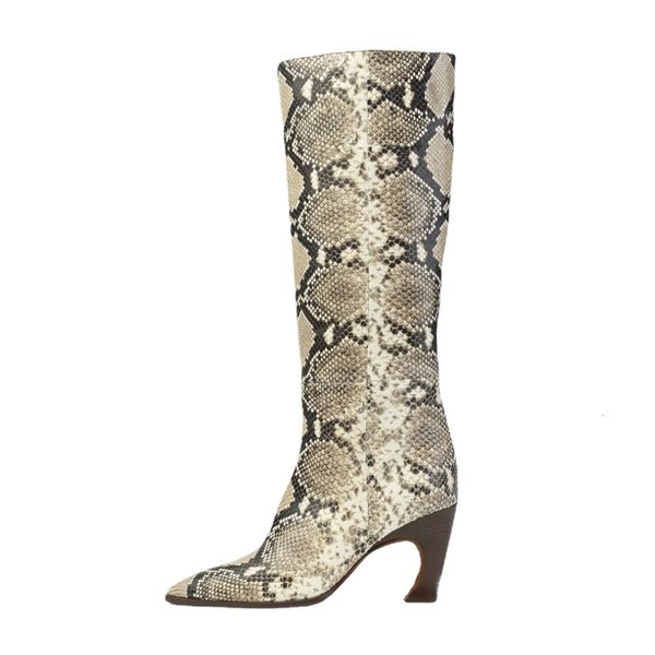 

boots snake print pointed wood shaped heel spring 2023 black slipon boot female fashion denim blue shoes for women size 43 230810