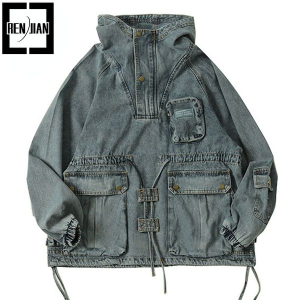 

mens jackets fashion oversized hip hop cargo denim hi street retro vintage loose fit y2k jeans coat pullover outerwear 230810, Black;brown