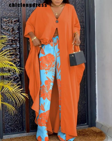 

women's two piece pants spring fashion printing loose two piece set women casual one-button long split wide leg pants 2 piece suit wome, White
