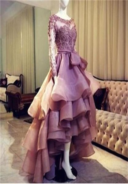 

real sample hi lo prom dress organza long sleeves party dress formal event gown4566842, Black