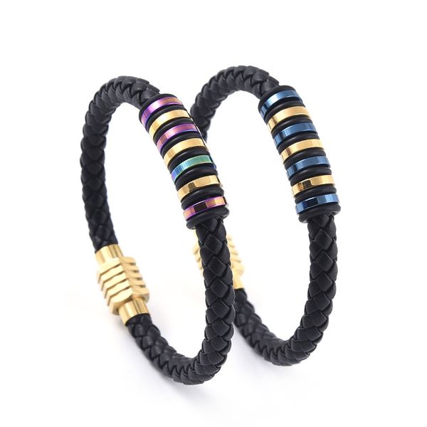 

luxury rainbow stainless steel spacer charm bracelet black braid leather bracelets jewelry for men gift, White