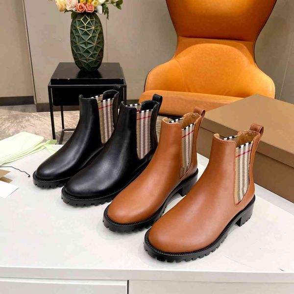 

designer women boots vintage check leather chelsea boots striped ankle boot luxury brown shoes winter coarse heel booties with box, Black