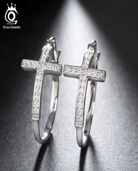

whole orsa jewels silver color hoop earrings for women large cross loop paved shiny austrian crystal fashion jewelry earring o5832207, Golden;silver
