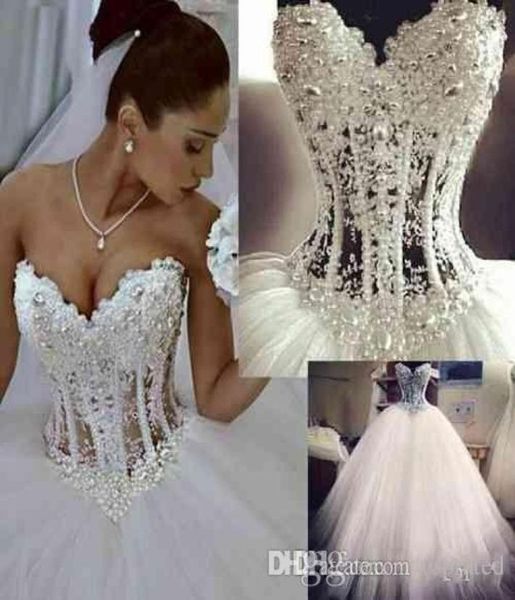 

sweetheart neckline ball gown wedding dresses corset see through floor length princess bridal gowns beaded lace pearls custom made2163528, White