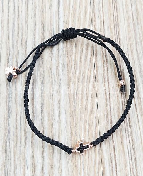 

motif cross bracelet in rose gold vermeil with spinels and black cord authentic 925 sterling silver bracelets fits european bear j8875068, Golden;silver