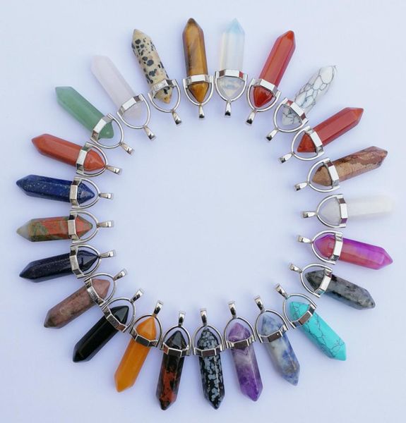

natural stone crystal pillar pendants necklaces beads for making jewelry fashion mixed charm point pendant 24pcs lot accessories1556709, Silver