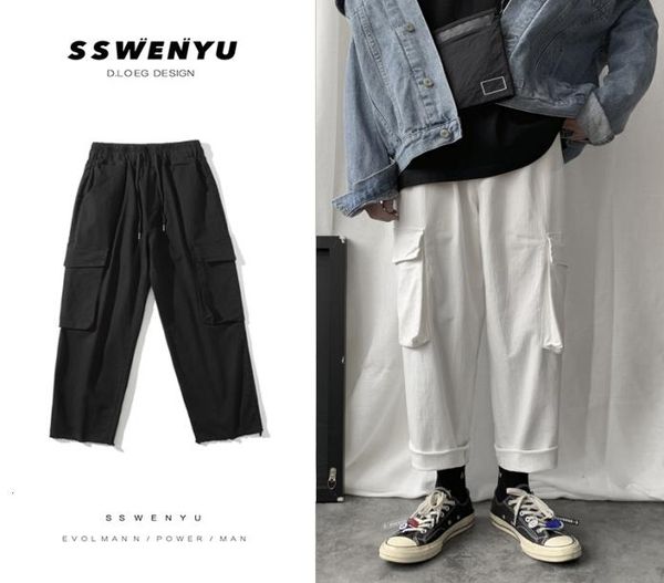 

autumn overalls men fashion solid color casual multipocket tooling trousers man streetwear hiphop loose joggers sweatpants men3011497, Black