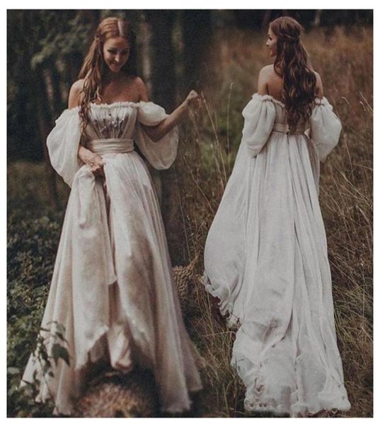 

off the shoulder princess wedding dress sweetheart appliqued puff sleeves bride dresses aline backless boho wedding gown9210410, White