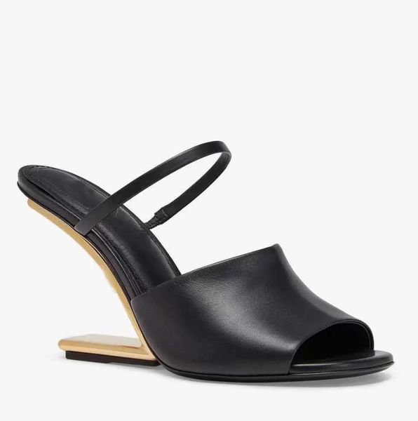 

23s/s first sandals dress shoes leather strap f-shaped sculpted heel pumps wholesale gold-colored metal discount outdoor footwear with box, Black