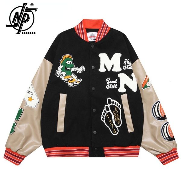 

mens jackets vintage bomber jacket men women cartoon embroidery motorcycle patchwork leather sleeve baseball hip hop loose coat 230810, Black;brown