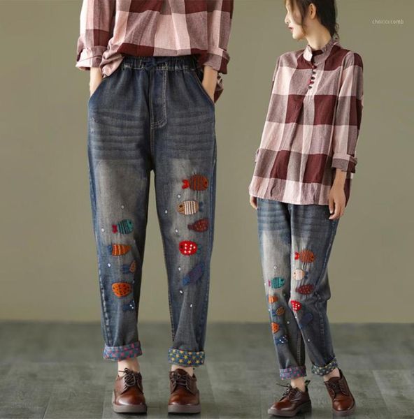 

women mxl retro patch embroidered print fish loose jeans oversized washed waist harem pants long women039s7785963, Blue