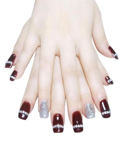 

24pcsset glitter fake nails patch french false nail full cover square nail art tips for women girls11974867503863, Red;gold