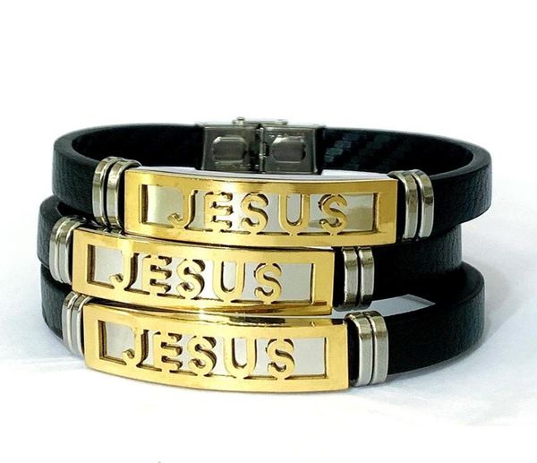 

charm bracelets whole 12pcs jesus religious sile stainless steel leather bracelets men fashion cool punk wristbands gifts wedd7197955, Golden;silver
