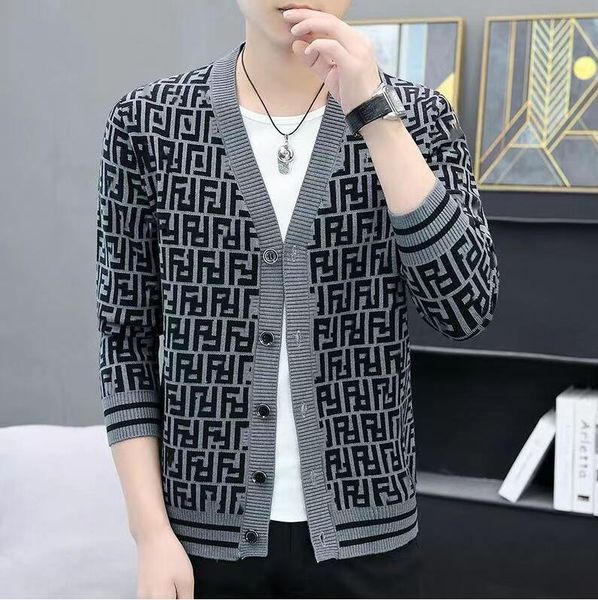 

winter fall men brand designer f letter pattern cardigan sweater coat wool knitted v-neck long sleeve men clothing, White;black