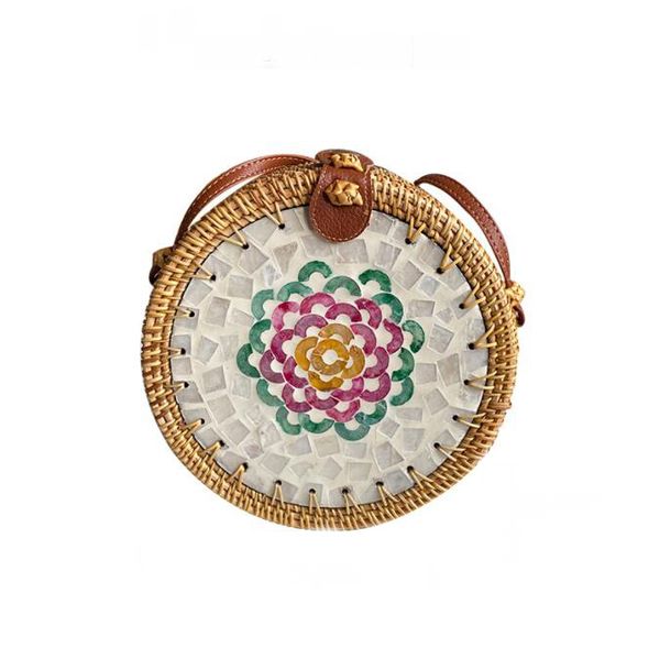

tz summer autumn round rattan woven crossbody bag shell decor beach bags vacation travel casual straw handbags outdoor sacoche women shoulde