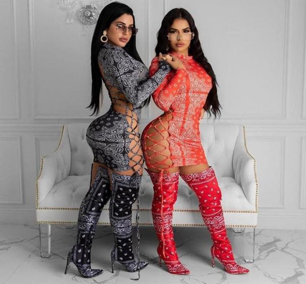 

bandana print bodycon dresses for women hollow out backless laced up paisley long sleeve nightclub mini dress sxxl casual5876479, Black;gray