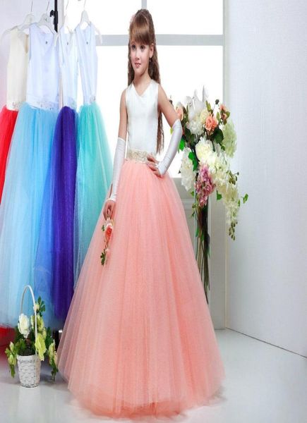 

new ivory coralblue buttom tulle flower girl dresses vneck beading junior bridesmaid dress girls pageant dress girls christm5741564, White;blue