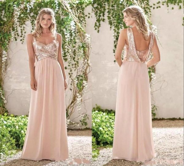 

rose gold sequins bridesmaid dresses a line spaghetti backless chiffon long beach wedding guest bridesmaids dress maid of ho3266487, White;pink