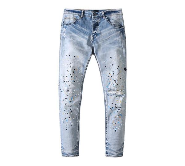 

mens jeans splashink printing hole light blue european and american fashion5503413
