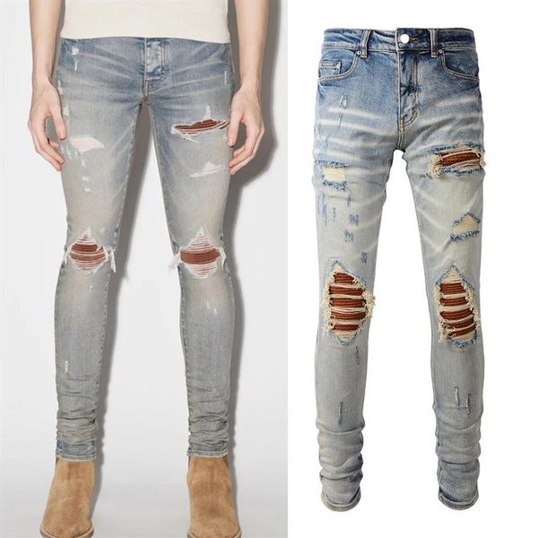 

big size 38 stretch denim jeans men's distressed slim fit leg denim269m, Blue