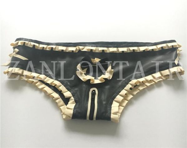 

2018 new ss women handmade latex black spliced white lingerie purfle shorts underwear crotch zipper bowknot fetish cost6938477