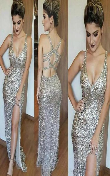 

blingbling silver sequined mermaid prom dresses back crisscross side split prom gowns long floor length custom made formal party 5151489, Black