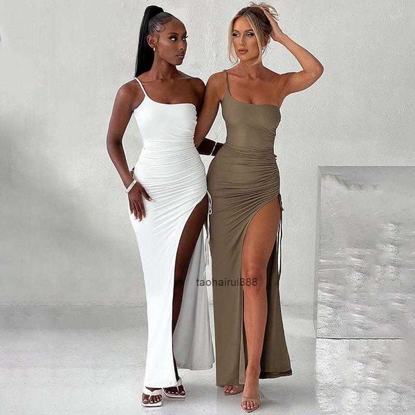 

casual dresses one shoulder bodycon dress ruched high split long skinny fashion streetwear y2k solid tight summer clothes for women, Black;gray