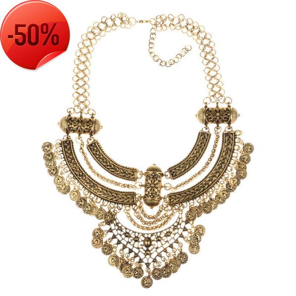 

boho big choker necklace women inlaid carving jewelry vintage necklaces metal chain coin pendant statement necklaces12672676, Silver
