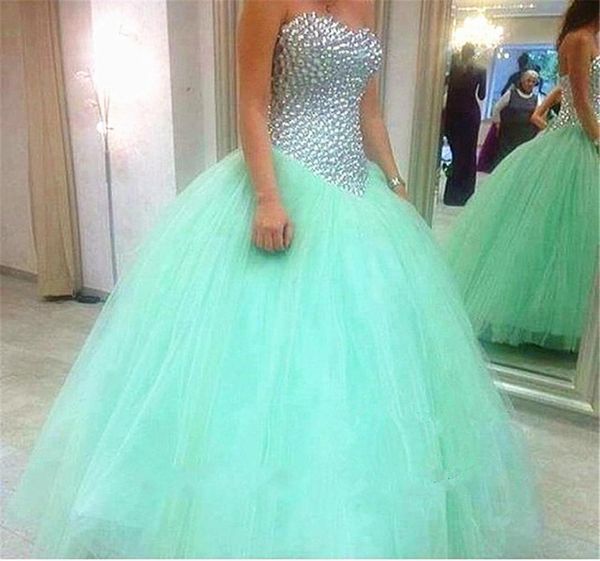 

bling bling crystal silver beaded ball gown sweet mint blue quinceanera dresses tulle bandage sixteen sweetheart party prom d3180558, Blue;red