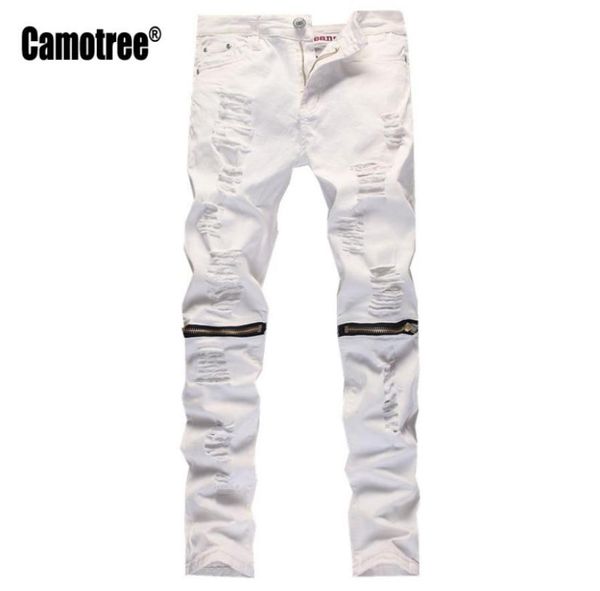

whole mens designer slim white ripped holes jeans pants skinny biker distressed jeans knee zipper design streetwear1611273, Blue
