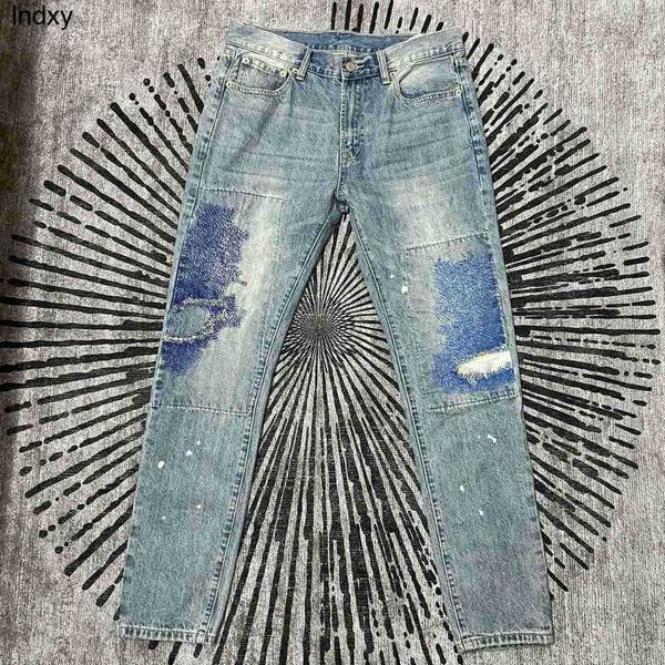 

real pics heavy embroidery washed jeans mens womens patchwork streetwear oversize denim trousers, Blue