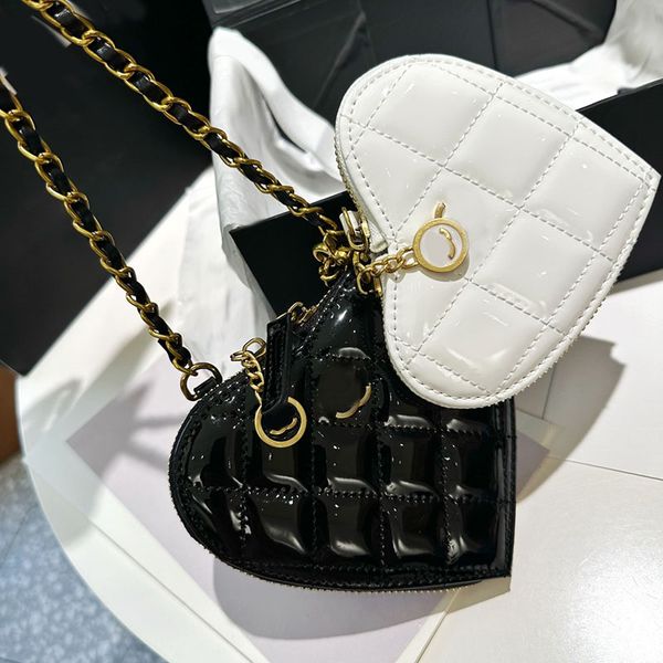 

2in1 women designer black and white heart bag coin purse patent leather gold metal hardware with little badge matelasse chain fashion cross, Red;black