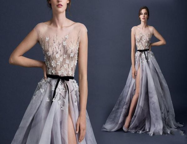 

romantic sheer applique sequin bling evening dresses 2015 crew hollow back a line floor length side split tied sash bow purple eve7080947, Black;red