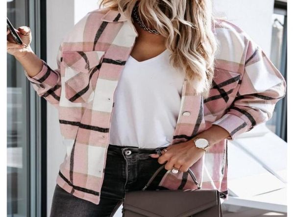 

vintage stylish pockets oversized plaid jacket coat women 2021 fashion lapel collar long sleeve loose outerwear chic women01752864, Black;brown